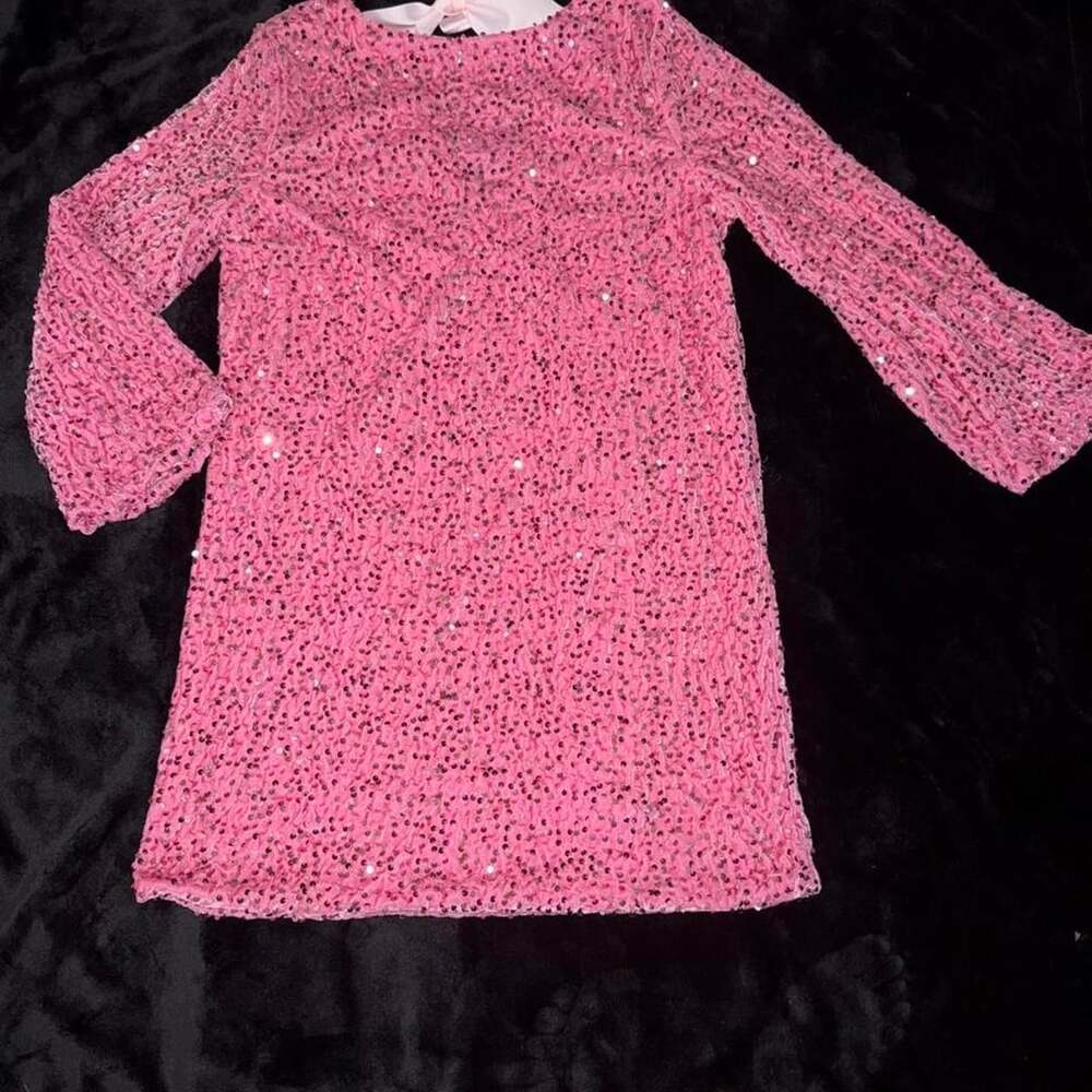 Pink Sequin Long Sleeve Party Dress with Back Bow